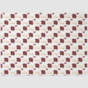Burgundy Red Flowers and Gold Crowns Tissue Paper