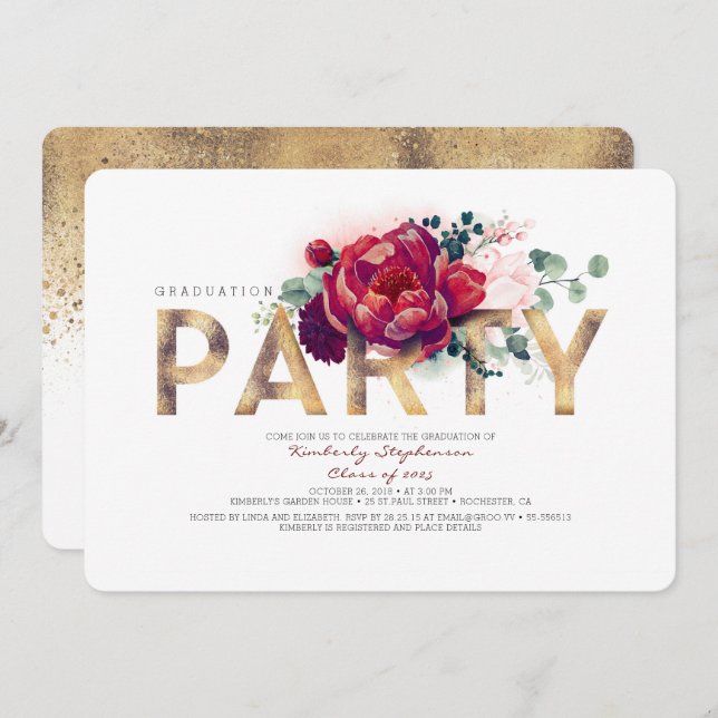 Burgundy Red Flowers and Gold Graduation Party Invitation (Front/Back)