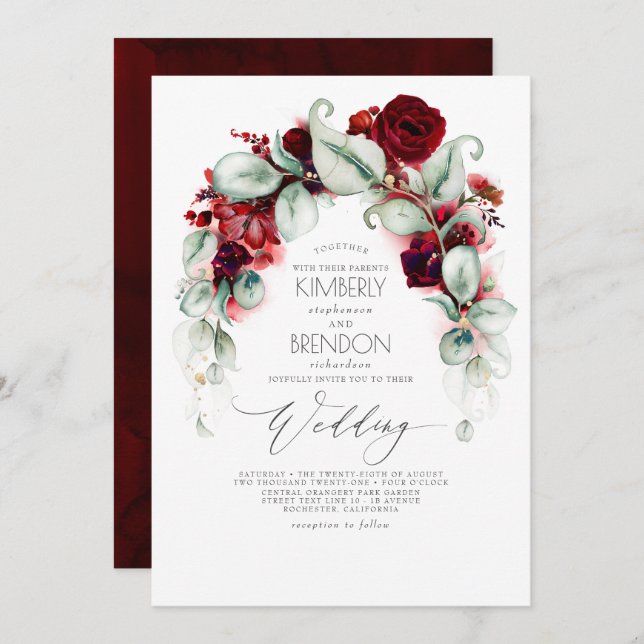 Burgundy Red Flowers and Greenery Elegant Wedding Invitation (Front/Back)