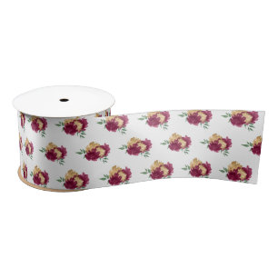 Burgundy Red Flowers and Greenery Pattern Satin Ribbon