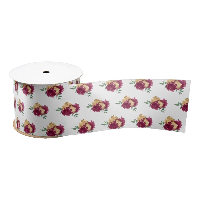 Burgundy Red Flowers and Greenery Pattern Satin Ribbon (Spool)