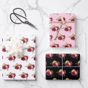 Burgundy Red Flowers and Greenery Pattern Wrapping Paper Sheet