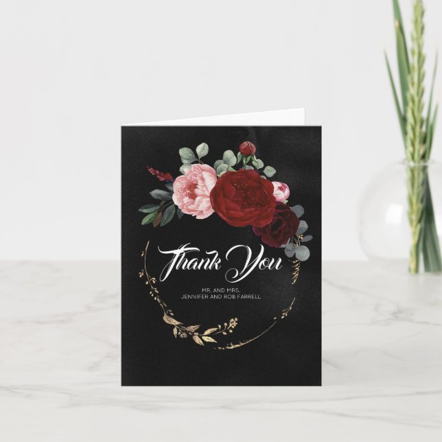 Burgundy Red Flowers Black Wedding Thank You Card (Front)