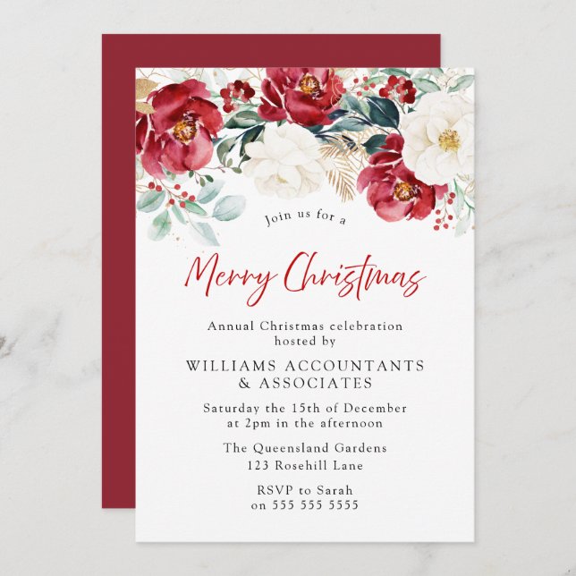 Burgundy Red Flowers Company Christmas Party Invitation (Front/Back)