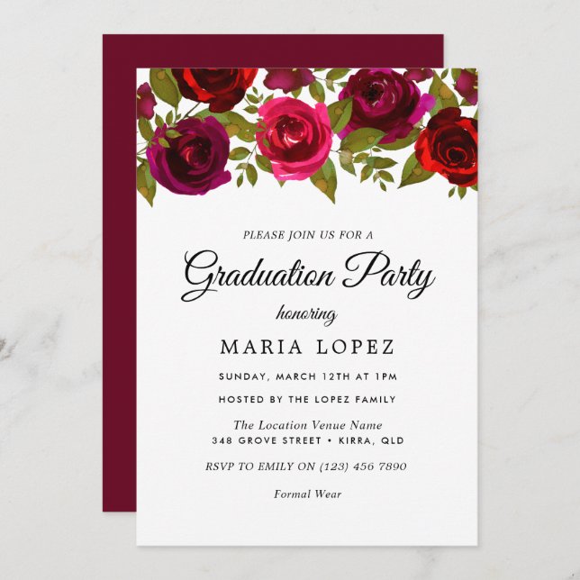 Burgundy Red Flowers Elegant Graduation Party Invitation (Front/Back)