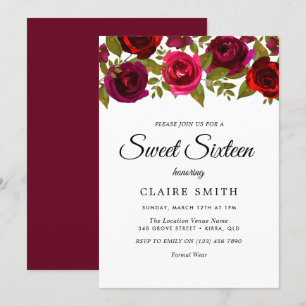 Burgundy Red Flowers Elegant Sweet 16 Invite