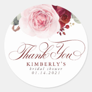 Burgundy Red Flowers Elegant Thank You Classic Round Sticker