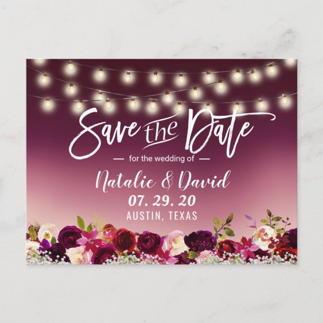 Burgundy Red Flowers Fall Wedding Save the Date Announcement Postcard (Front)