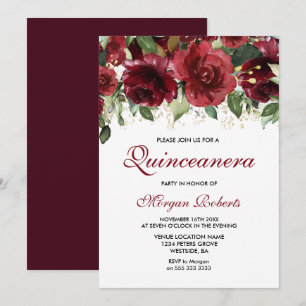 Burgundy Red Flowers Glitter Quinceanera Party Invitation