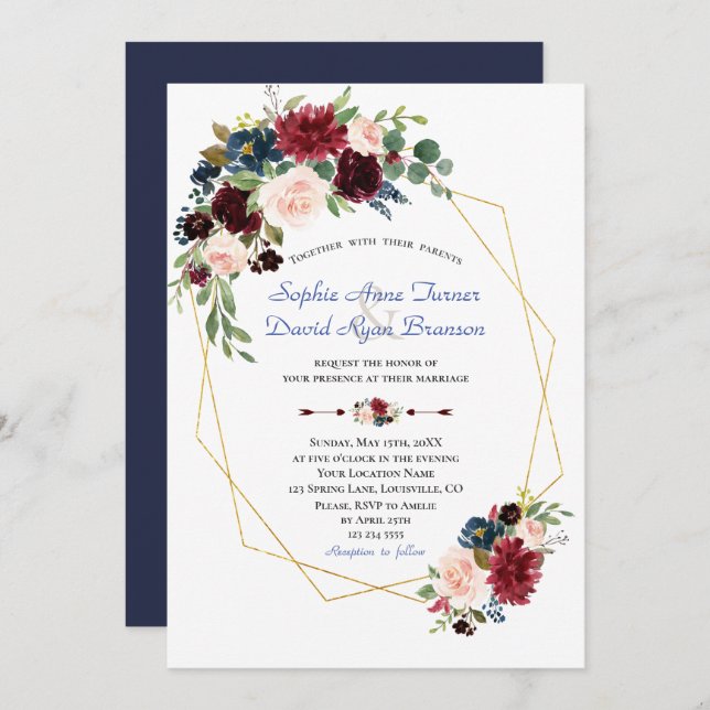 Burgundy Red Flowers Gold Frame Wedding Invitation (Front/Back)