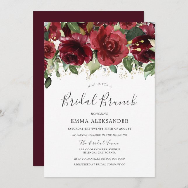 Burgundy Red Flowers Gold Glitter Bridal Shower Invitation (Front/Back)