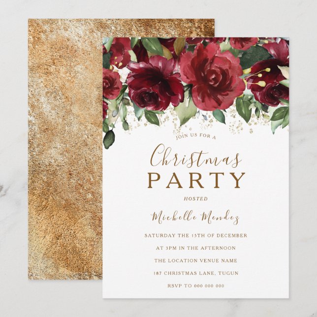 Burgundy Red Flowers Gold Glitter Christmas Party Invitation (Front/Back)