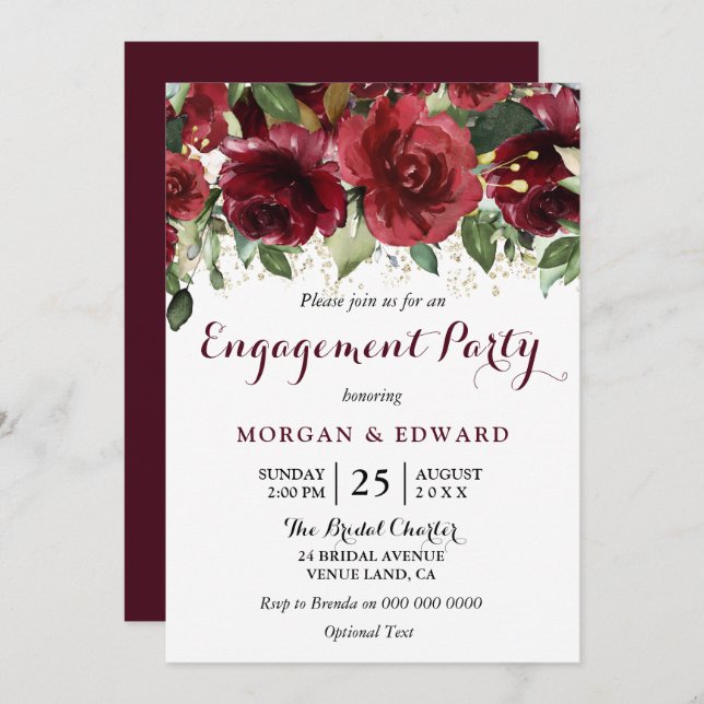 Burgundy Red Flowers Gold Glitter Engagement Party Invitation (Front/Back)