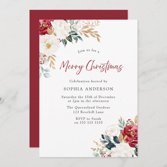 Burgundy Red Flowers Merry Christmas Party Invitation (Front/Back)