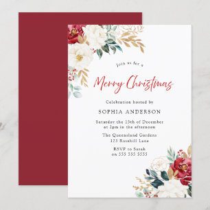 Burgundy Red Flowers Merry Christmas Party Invitation