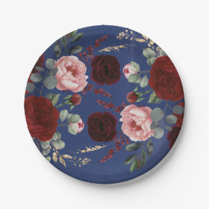 Burgundy Red Flowers Navy Blue Modern Fall Wedding Paper Plate