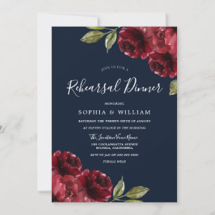 Burgundy Red Flowers & Navy Rehearsal Dinner Invitation