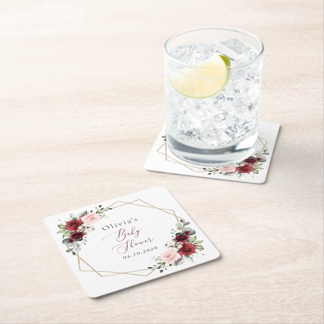 Burgundy Red Flowers, Pink Flowers, Baby Shower Square Paper Coaster (Insitu)