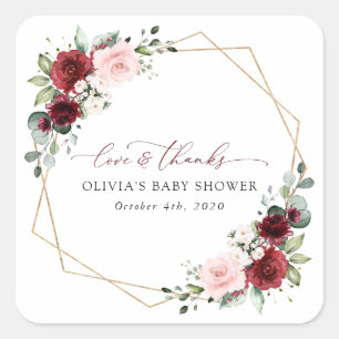 Burgundy Red Flowers, Pink Flowers, Baby Shower Square Sticker