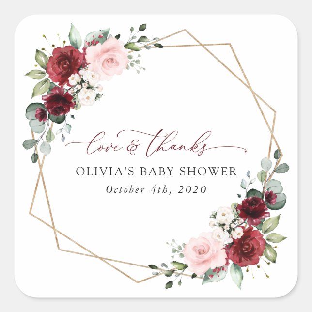 Burgundy Red Flowers, Pink Flowers, Baby Shower Square Sticker (Front)