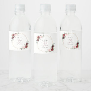 Burgundy Red Flowers, Pink Flowers, Baby Shower Water Bottle Label