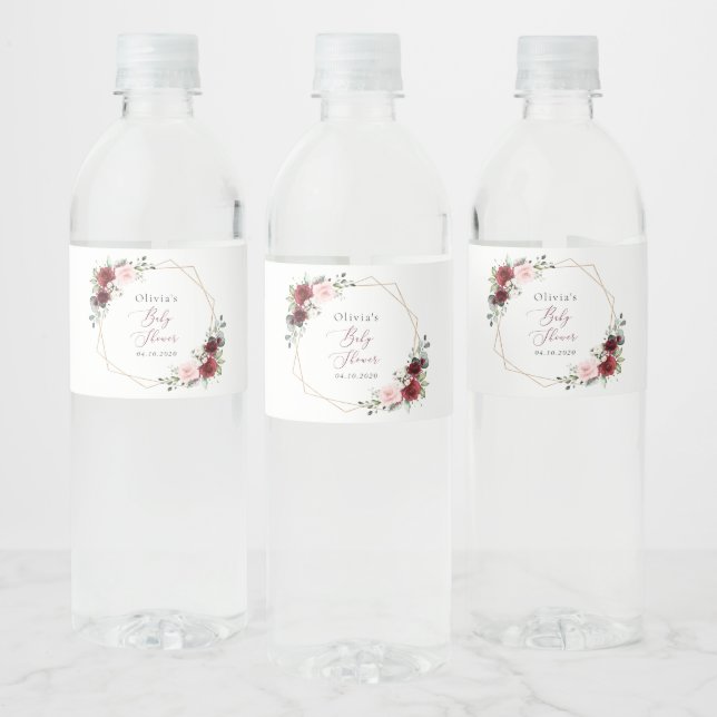 Burgundy Red Flowers, Pink Flowers, Baby Shower Water Bottle Label (Bottles)