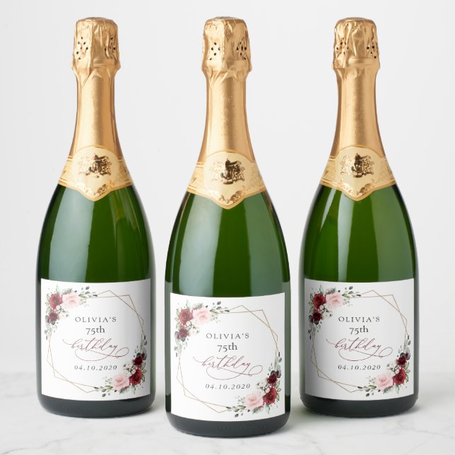 Burgundy Red Flowers, Pink Flowers, Birthday Sparkling Wine Label (Bottles)