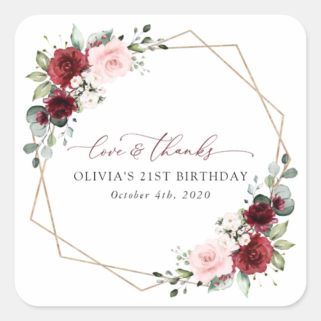 Burgundy Red Flowers, Pink Flowers, Birthday Square Sticker (Front)