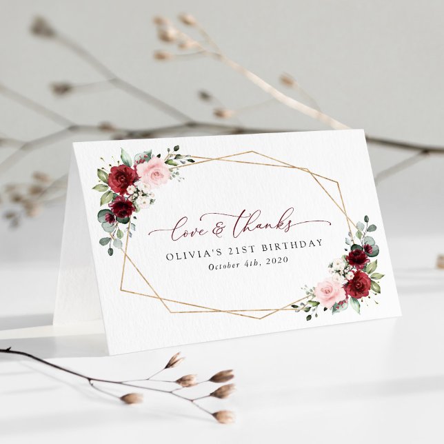 Burgundy Red Flowers, Pink Flowers, Birthday Thank You Card (Creator Uploaded)