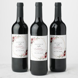 Burgundy Red Flowers, Pink Flowers, Birthday Wine Label