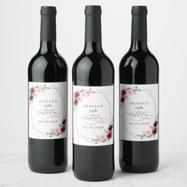 Burgundy Red Flowers, Pink Flowers, Birthday Wine Label (Bottles)