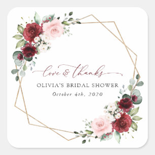 Burgundy Red Flowers, Pink Flowers, Bridal Shower Square Sticker