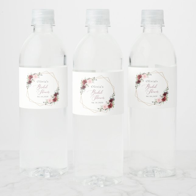 Burgundy Red Flowers, Pink Flowers, Bridal Shower Water Bottle Label (Bottles)