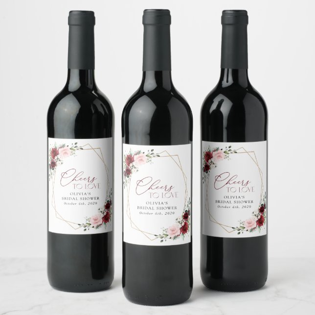 Burgundy Red Flowers, Pink Flowers, Bridal Shower Wine Label (Bottles)
