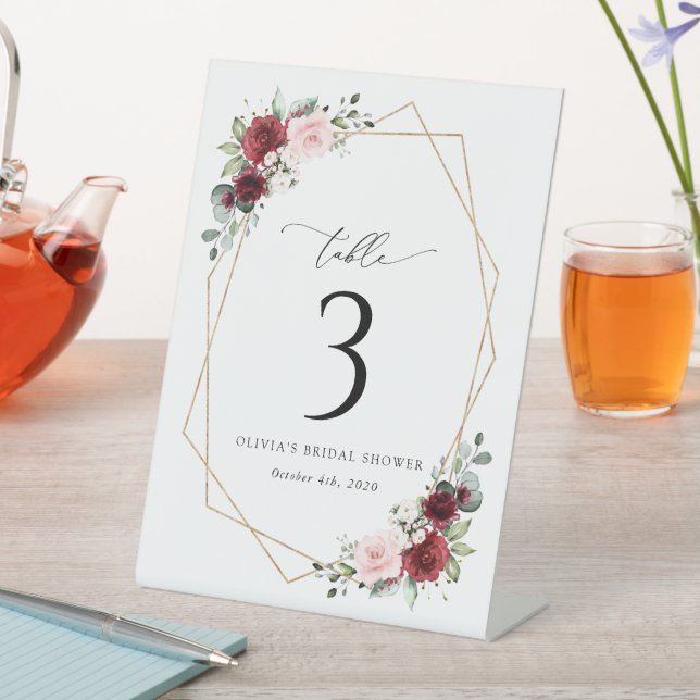 Burgundy Red Flowers, Pink Flowers, Table Numbers Pedestal Sign (In SItu)