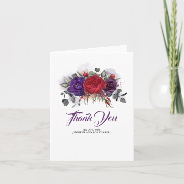 Burgundy Red Flowers Plum Wedding Thank You Card (Front)