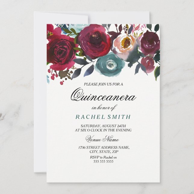 Burgundy Red Flowers Quinceanera Party Invitation (Front)