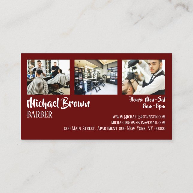 burgundy red framed custom photo barber business card (Back)