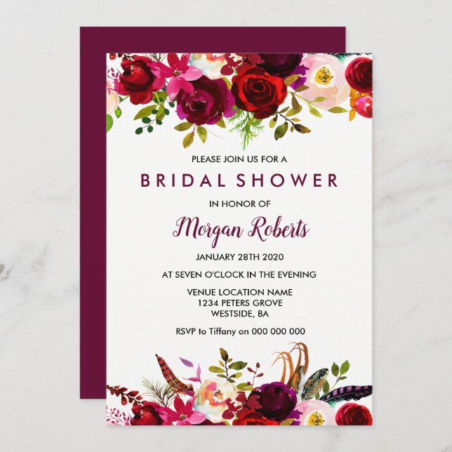 Burgundy Red Garden Floral Bridal Shower Invite (Front/Back)