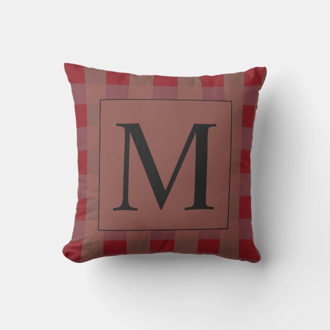 Burgundy Red Gingham Patterns Monogram Name Gift Cushion (Front)