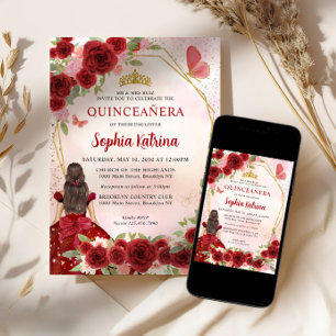 Burgundy Red Glam Gold Floral Princess Quinceañera Invitation