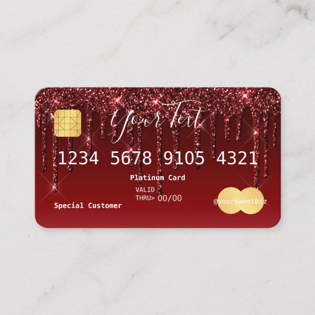 Burgundy Red Glitter Credit Business Card (Front)