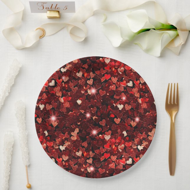 Burgundy Red Glitter Hearts Hugs Paper Plate (Wedding)
