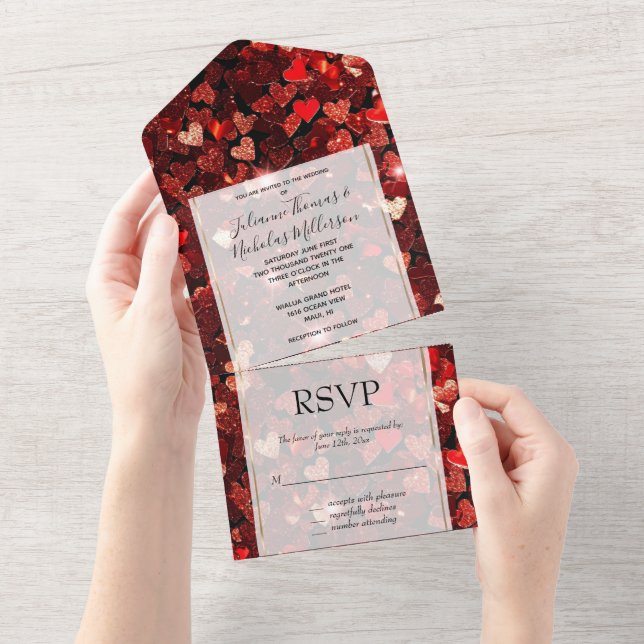 Burgundy Red Glitter Hearts Wedding All In One Invitation (Tearaway)