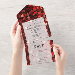 Burgundy Red Glitter Hearts Wedding All In One Invitation