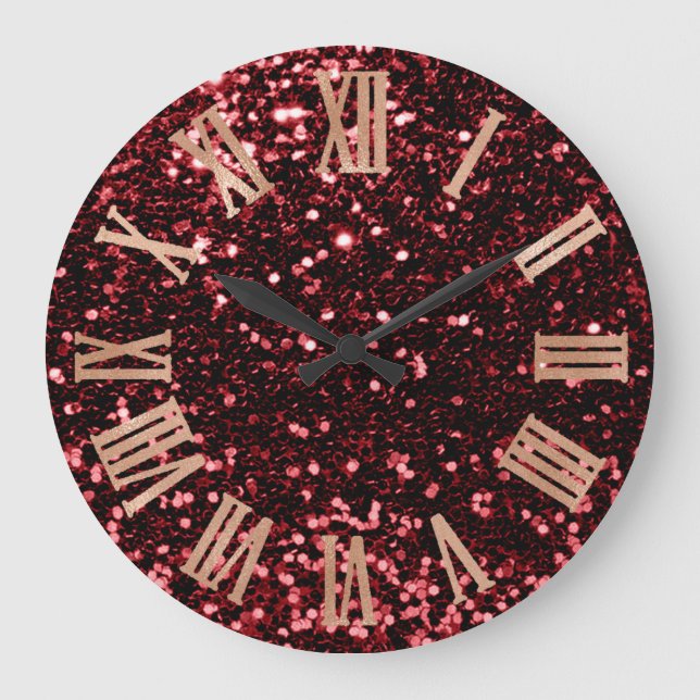 Burgundy Red Glitter Metal Roman Number Pink Rosse Large Clock (Front)