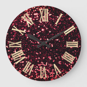 Burgundy Red Glitter Metallic Roman Numers Large Clock
