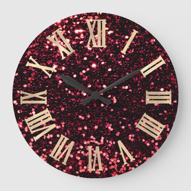 Burgundy Red Glitter Metallic Roman Numers Large Clock (Front)