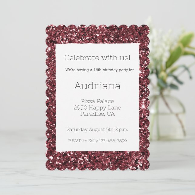 Burgundy Red Glitzy Glitter Sparkle 16th Birthday Invitation (Standing Front)