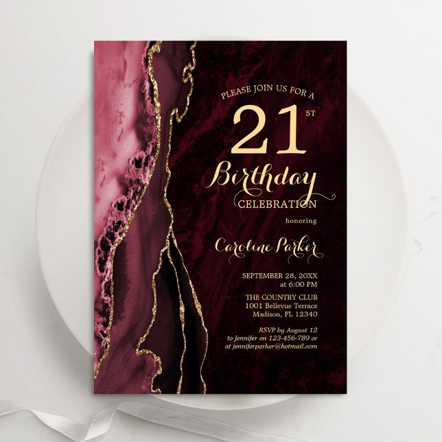 Burgundy Red Gold Agate 21st  Birthday Invitation (Creator Uploaded)